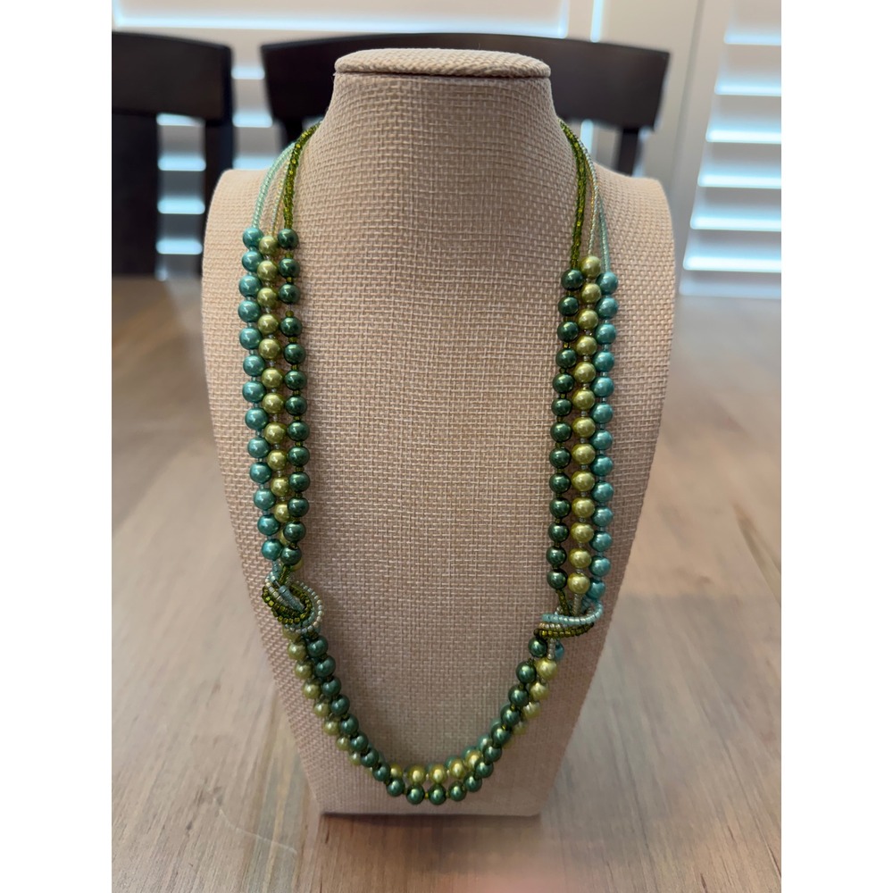 Boho Multi-Strand Beaded Necklace Green Teal Knotted Layered Mermaidcore